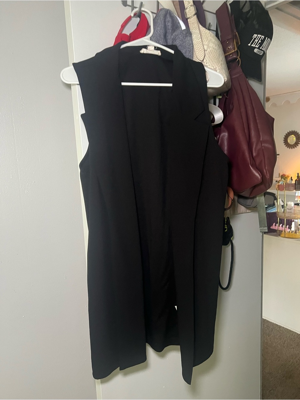Sleeveless Knee Length Open Front Vest - Black